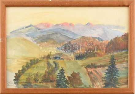 Hénel Gusztáv (1887-1966): Hegyvidék. Akvarell, papír, jelzett. Üvegezett fa keretben. Hátoldalán kocsi tanulmány. 19×28,5 cm