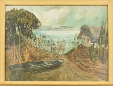 Pogány Géza (1927-2001): Száradó háló (Balaton). Olaj, farost, jelzett, hátoldalán Képcsarnok Vállalat címkéjével, üvegezett fakeretben, 60×80 cm
