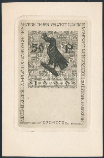 1929-1979 50P okmánybélyeg rézkarc terve Légrády Sándor 50 éves munkássága emlékére készült emléklap barna színben / souvenir card