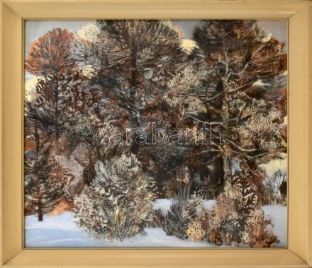Scholz Erik (1926-1995): Fák. Olaj, farost, jelezve jobbra lent, hátoldalán Képcsarnok Vállalat címkéjével, üvegezett fakeretben, 60×80 cm