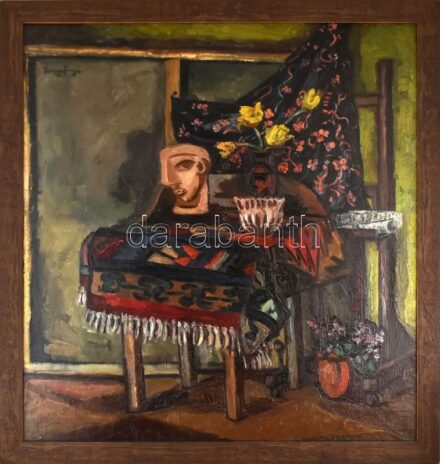 Zemplényi Magda (1899-1965): Csendélet Picasso szoborral. Olaj, vászon, jelzett. Proveniencia: Virág Judit, 23. aukció (2006 ősz), 214. tétel. 108×98,5 cm. Fakeretben. KIZÁRÓLAG SZEMÉLYES ÁTVÉTEL, NEM POSTÁZZUK! / Magda Zemplényi
