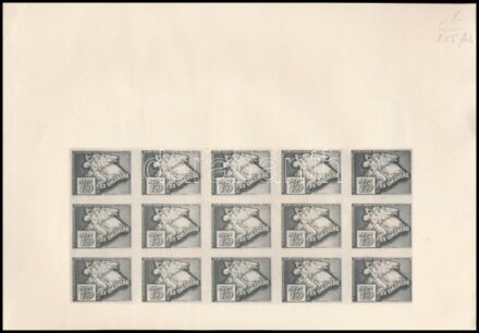 1959 Légrády Sándor: 75 éves a LEHE szürke levélzáró próbanyomat 15-ös ív / proof sheet of 15 labels by Legrady