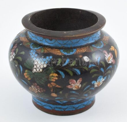 Kínai cloisonne 6 rekeszzománc kaspó, sérült, m:10cm