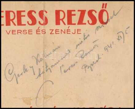 1941 Seress Rezső (1899-1968) zeneszerző, zongorista autográf aláírása, két általa szerzett dal (Gyerünk Bodri kutyám...; Komáromi polgármester leánya) nyomtatott kottáján, kissé foltos, szakadt