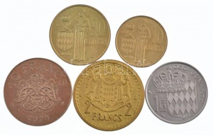 Monaco 1945-1978. 10c-10Fr (5xklf) T:1-,2 patina, kis ph, karc Monaco 1945-1978. 10 Centimes - 10 Francs (5xdiff) C:AU,XF patina, small edge error, scratch