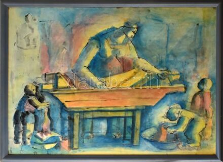Szabó Zoltán, Angyalföldi (1929-2014): Család. Akvarell, papír, jelezve balra lent. Üvegezett fakeretben. 62×85 cm. / Zoltán Szabó, Angyalföldi (1929-2014): Family. Watercolour on paper, signed lower left. Framed with glass. 62×85 cm.