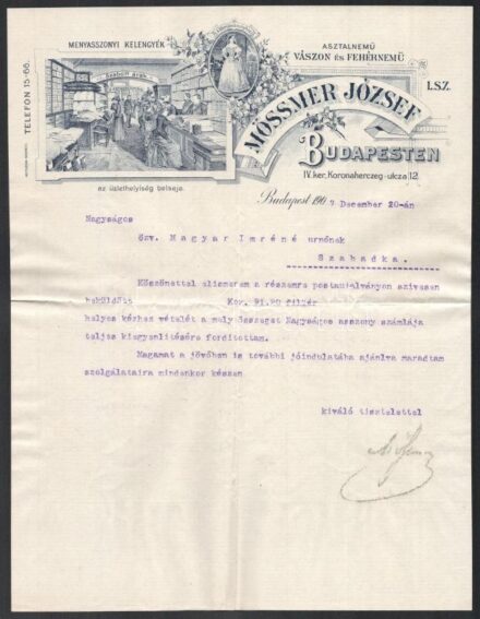 1907 Bp. IV., Mössmer József Koronaherceg utcai vászon, fehérnemű és kelengye kereskedő dekoratív fametszetes fejlécű levélpapírja, hajtva, de jó állapotban