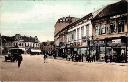 1914 Nagyvárad, Oradea; Bemeneter tér, Germánia életbiztosító részvénytársaság, Dohány és szivar, valódi Havana szivarok, Fehér János, Flegman Armin, Koch Testvérek üzlete, fodrász, Moskovits cipőgyár, fogorvos, autó / square,