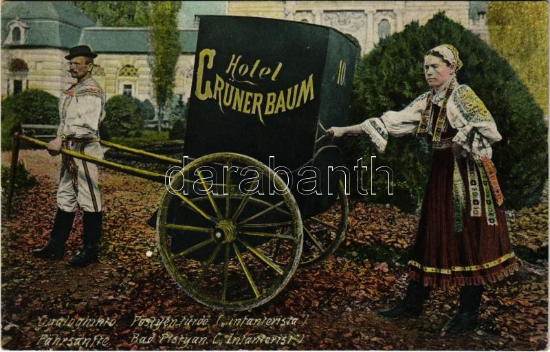 1915 Pöstyén-fürdő, Kúpele Piestany; Grünbaum szálló gyaloghintója, infanterista / hotel's carriage (EK)