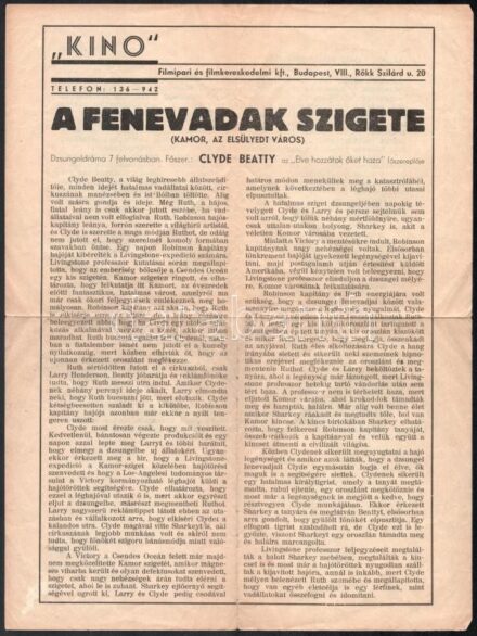 1947 'Kino' Filmipari és Filmkereskedelmi Kft. A fenevadak szigete (Kamor, az elsülyedt város) c. film prospektusa, a hátoldalán kivonat Feleky László leveléből c. írással,New York, 1947. VI. 18., hajtott, 1 sztl. lev.