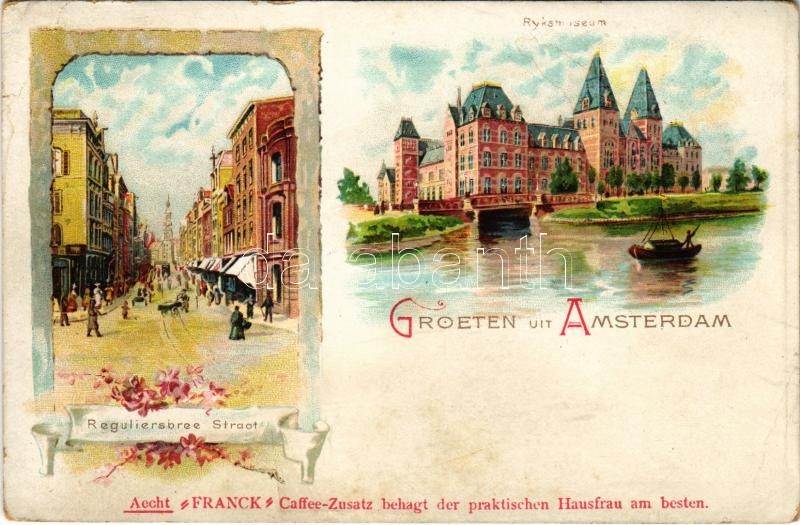 Amsterdam, Ryksmuseum, Reguliersbree Straat. Aecht 'FRANCK' Caffee-Zusatz / National museum, street. Franck coffee additive advertisement. Art Nouveau, floral, litho (EK)