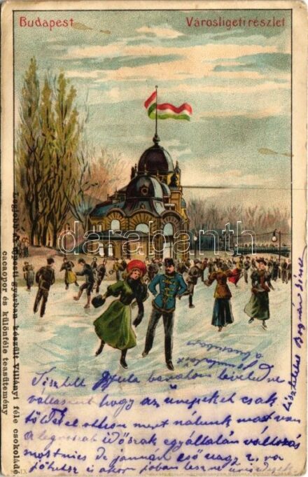 1899 (Vorläufer) Budapest XIV. Városliget, korcsolyázók a pavilonnál télen, magyar zászló. Kunstanstalt Kosmos S. IX. litho - 'Legjobb az újpesti gyárban készült Villányi féle csokoládé, cacaopor és különféle teasütemény'