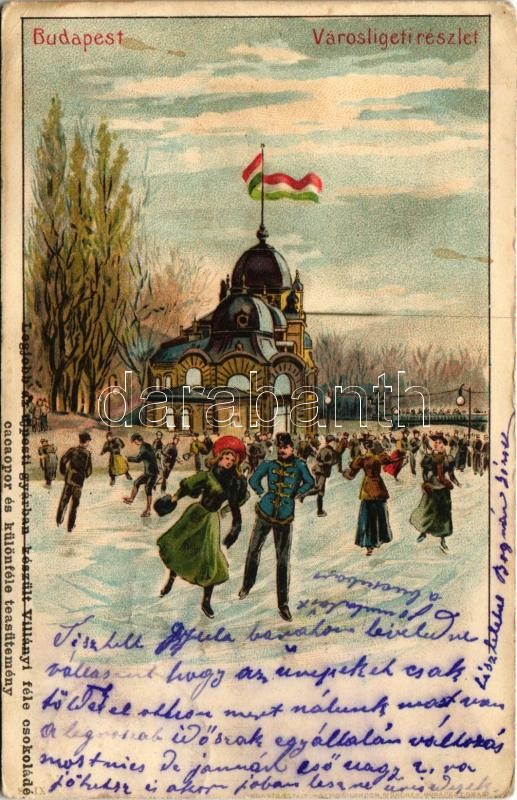 1899 (Vorläufer) Budapest XIV. Városliget, korcsolyázók a pavilonnál télen, magyar zászló. Kunstanstalt Kosmos S. IX. litho - 'Legjobb az újpesti gyárban készült Villányi féle csokoládé, cacaopor és különféle teasütemény'