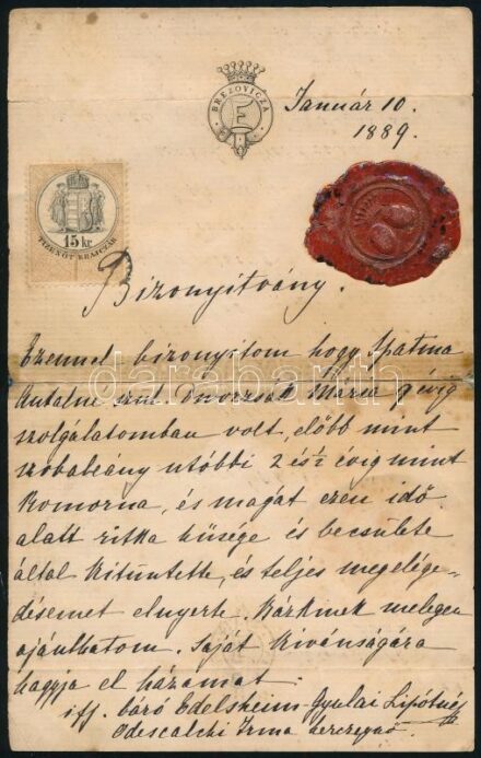 1889 marosnémeti és nádaskai ifj. báró Edelsheim-Gyulai Lipótné Odescalchi Irma hercegnő (1863-1924) saját kézzel írt munkáltatói igazolása, bizonyítványa, saját kezű aláírásával, fejléces papíron, viaszpecséttel, 15 kr.
