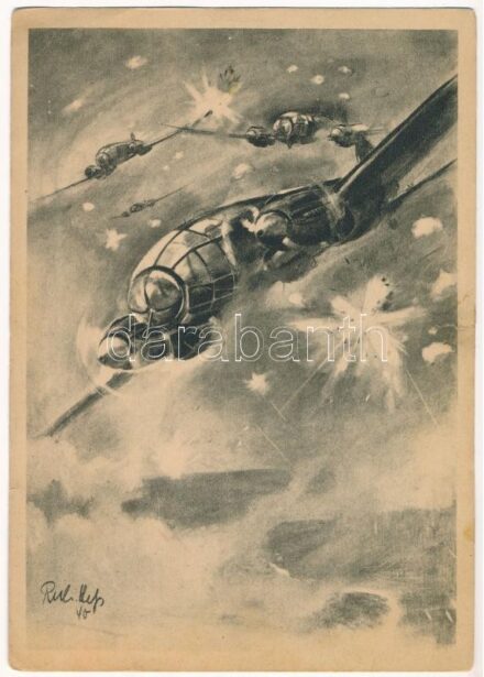 Heinkel-Kampfflugzeuge stossen durch das Sperrfeuer englischer Flakbatterien. Der Adler die grosse Luftwaffen-Illustrierte / German WWII military aircraft / Német második világháborús katonai repülőgép s: R. Hess (fa)