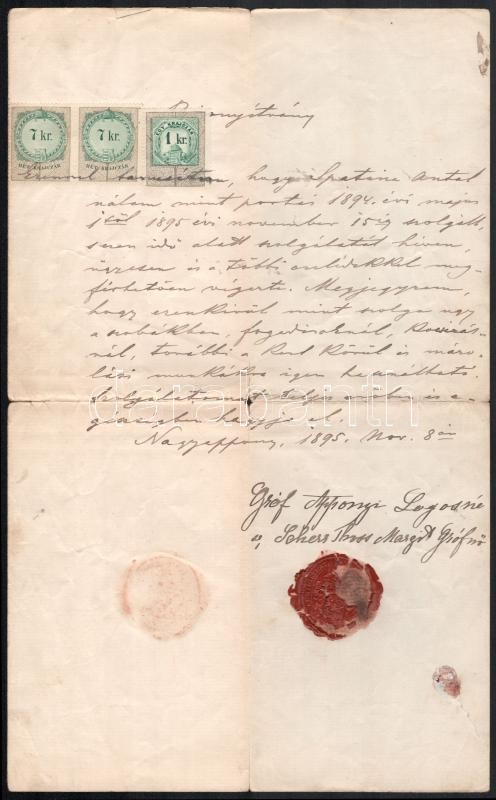 1895 gróf Apponyi Lajosné Scherr-Thoss Margit (1848-1931) grófné saját kézzel írt munkáltatói igazolása, bizonyítványa, saját kezű aláírásával, sérült, hiányos viaszpecséttel, 2 db 7 kr. és 1 db 1 kr. okmánybélyeggel,