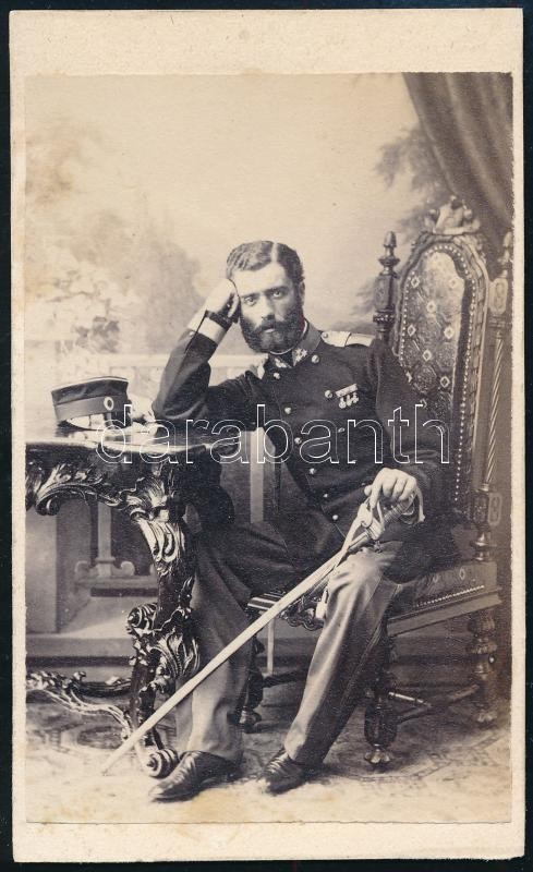cca 1867 Mihailo Obrenovic (1823-1968) szerb fejedelem katonai egyenruhában, keményhátú fotó A. Stojanovits műterméből, szép állapotban, 10×6 cm / Mihailo Obrenović III of Serbia