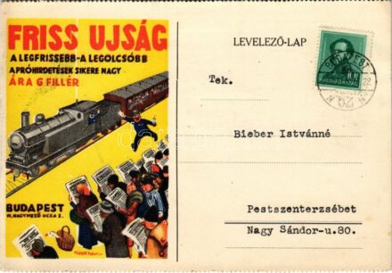 1939 Friss Újság a legfrissebb, a legolcsóbb, apróhirdetések sikere nagy. Budapest, Nagymező utca 3. reklám / Hungarian newspaper advertisement s: Pólya Tibor