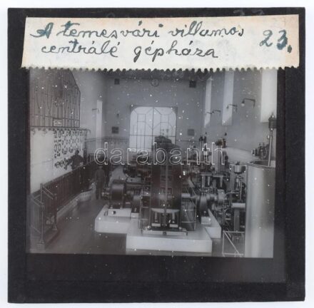 cca 1910 Temesvár városi villamos erőmű. Üveg dia, feliratozva. 8x8 cm / Timisoara city electrical plant glass slide. 8x8 cm