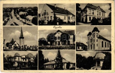 1941 Ógyalla, Stara Dala, Hurbanovo; mozaiklap csillagvizsgálóval, zsinagógával és vasútállomással / multi-view postcard with observatory, synagogue and railway station (ázott sarkak / wet corners)