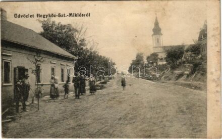 1913 Hegyközszentmiklós, Sannicolau de Munte (Bihar); utca, templom / street, church (EK)