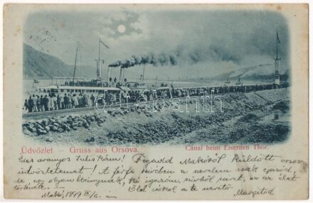 1899 (Vorläufer) Orsova, Vaskapu-szoros megnyitó hajózása. Hutterer G. kiadása / Canal beim Eisernen Tor, Eröffnungsfahrt / Portile de Fier / gorge, canal opening ceremony, steamship (r)