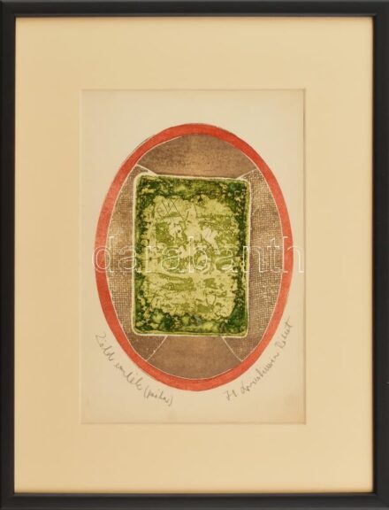 Swierkiewicz Róbert (1942-2019): Zöld emlék, 1971. Vegyes technika, papír, jelzett, próbanyomat '(próba)' jelzéssel, üvegezett fakeretben, 21×17 cm