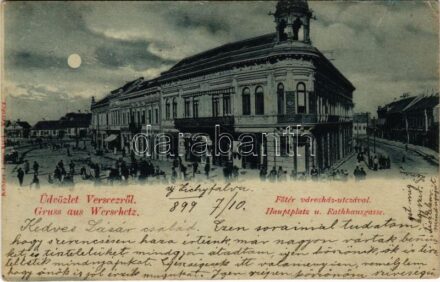 1899 (Vorläufer) Versec, Werschetz, Vrsac; Fő tér, Városház utca, este, Takarékpénztár, Joh. Dimitrijev és Társa üzlete. Kehrer Lajos kiadása / main square, street, night, savings bank, shops (EK)