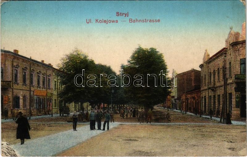 Stryi, Stryj, Strij; Ul. Kolejowa / Bahnstrasse / Railway street, Hotel Imperial, market (fl)