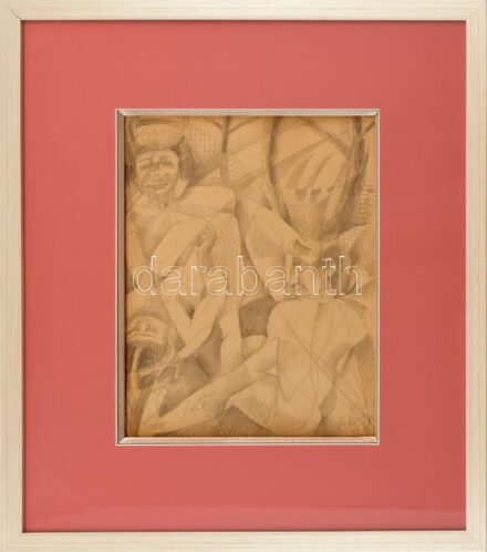 Réth Alfréd (1884-1966): Afrikaiak, 1951. Ceruza, papír. Jelzett. Üvegezett, dekoratív fa keretben. 31×23 cm / Alfred Reth (1884-1966): Africans, 1951. Pencil on paper. Signed. Framed with glass. 31×23 cm