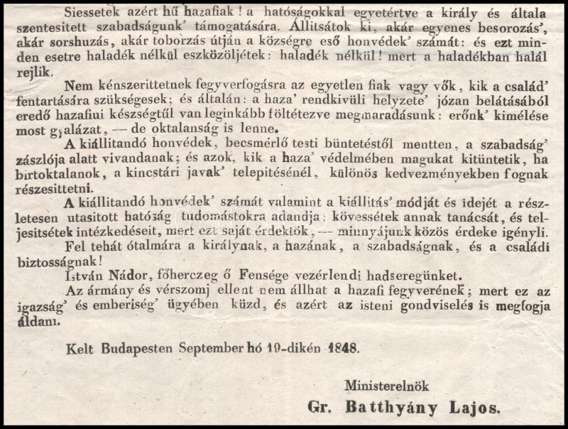 1848 Bp., Gróf Batthyány Lajos miniszterelnök felhívása a hazafiakhoz, hogy siessenek az ország, vallás, család, stb. védelmére - Image 3
