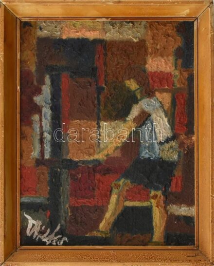 Takács jelzéssel: Konstruktív jelenet. Olaj, faros, kopott fakeretben, 26,5×21 cm