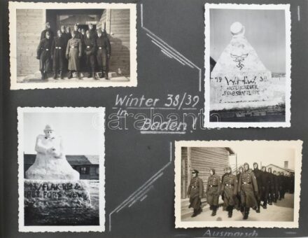 1938-1941 Német katona (Stabsbatterie) által készített fotók az általa megjárt frontvonalakról, albumba rendezve, dátumozva, helységnevekkel feliratozva (Baden, Wien, Ostfront, Düren, Maasbrücken, Kaltenkirchen, Panningen, Medemblick,