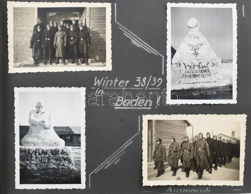 1938-1941 Német katona (Stabsbatterie) által készített fotók az általa megjárt frontvonalakról, albumba rendezve, dátumozva, helységnevekkel feliratozva (Baden, Wien, Ostfront, Düren, Maasbrücken, Kaltenkirchen, Panningen, Medemblick,