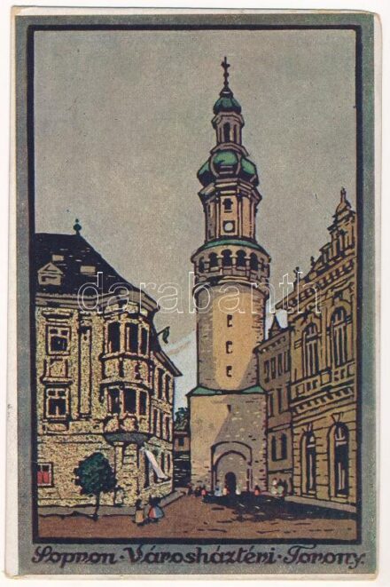 1932 Sopron, Városház téri torony, művészlap. Röttig-Romwalter nyomda (kopott sarkak / worn corners)