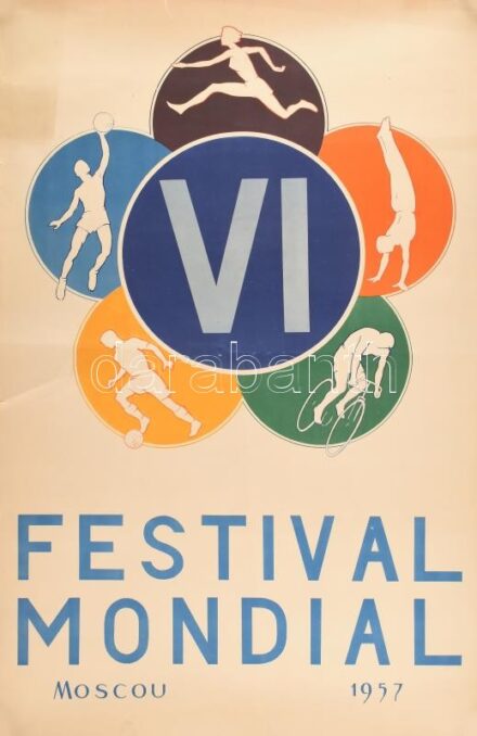 1957 VI. Mondial Festival Moszkva plakátja, hajtott, gyűrődéssel, szakadással, 88×58 cm