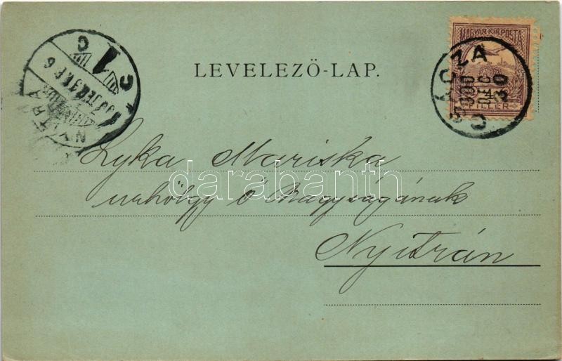 1900 Csaca, Csacza, Cadca, Caca; Vásártér, Politzer szálloda, tér, este. S. Lustig kiadása / hotel, square, street, night. Art Nouveau, floral - Image 2