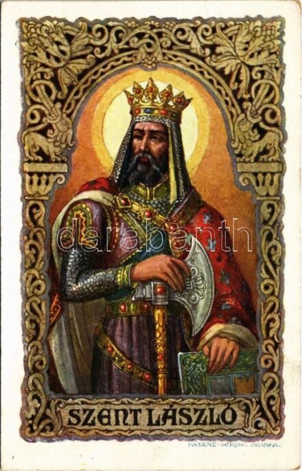 Szent László király. Rigler József Ede R.J.E. 16/8. / Die Heilige Ladislaus, König von Ungarn / Saint Ladislas, King of Hungary s: Kátainé Helbing Aranka + 'A Szent Jobb Országjárása 1942. V. 3. Nagyvárad' So. Stpl. (fa)