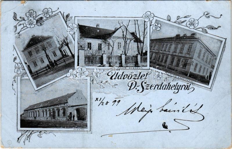 1899 (Vorläufer) Dunaszerdahely, Dunajská Streda; Római katolikus népiskola, kaszinó, Fehér kastély, Adóhivatal / school, casino, castle, tax office. Art Nouveau, floral (EK)