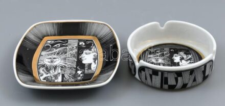 Hollóházi porcelán Szász Endre által tervezett tálka és hamutál. Matricás, jelzett, kopott. 12x14 cm, d: 10cm