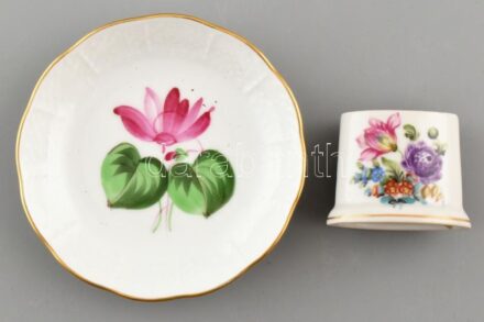 Herendi III. oszt. és I. osztály Tálka és gyufatartó, kézzel festett porcelán, jelzett, hibátlan, d:9,5cm, m:4cm