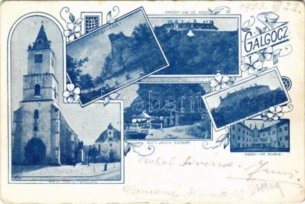 1903 Galgóc, Frasták, Hlohovec; Régi vár, római katolikus templom, Szt. János szobor, Erdődy vár / castles, church, statue. Art Nouveau, floral