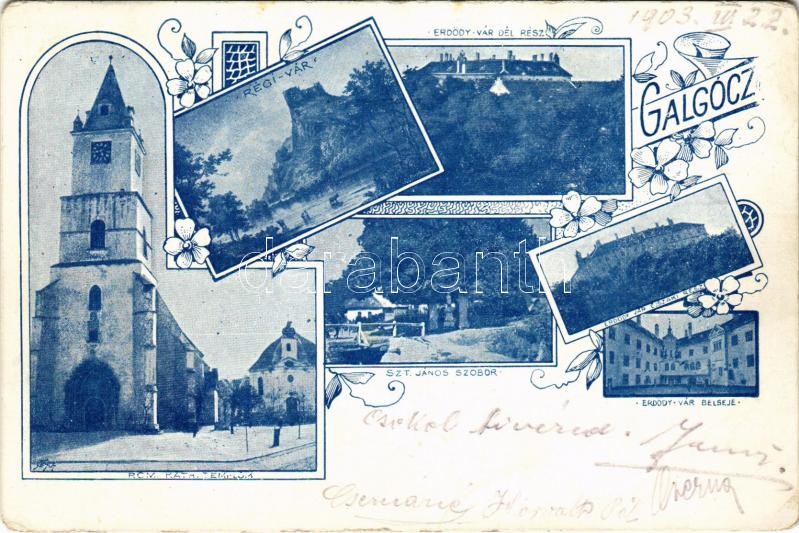 1903 Galgóc, Frasták, Hlohovec; Régi vár, római katolikus templom, Szt. János szobor, Erdődy vár / castles, church, statue. Art Nouveau, floral