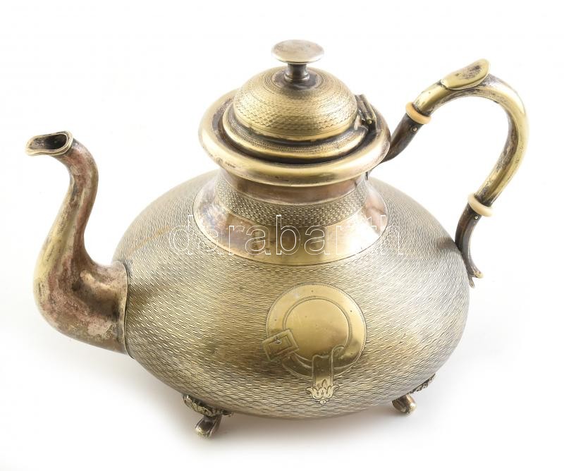 Alpakka teáskanna, kopott, feloldatlan jelzéssel, m: 17cm