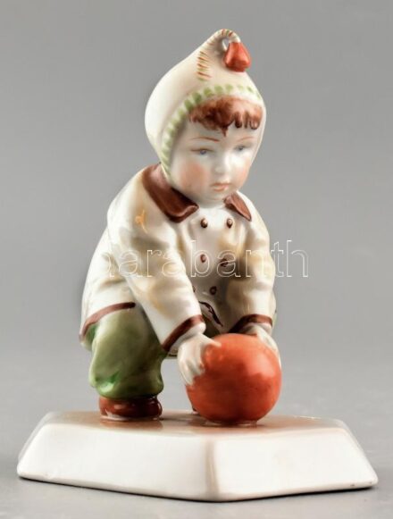 cca 1930 Zsolnay porcelán 'Labdás Öcsi', kézzel festett, jelzett,(tervező:Sinkó András), apró mázhibával, m: 13 cm