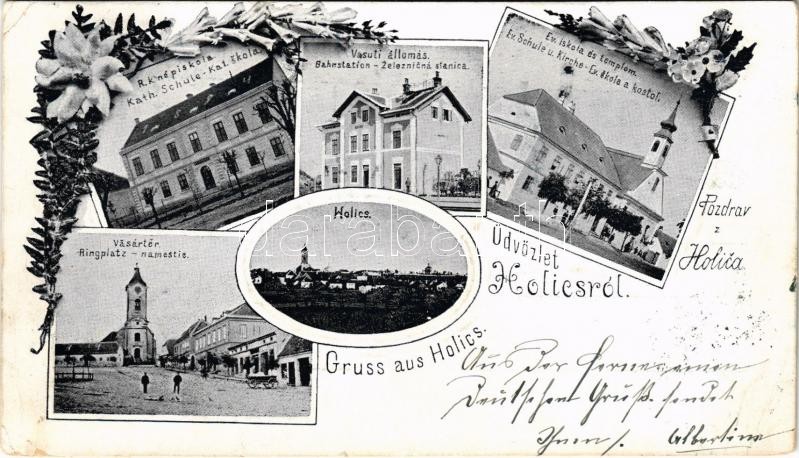 1901 Holics, Holic; Kath. Schule, Bahnstation, Bahnhof, Ev. Schule u. Kirche, Ringplatz / Kat. skola, Zeleznicná stanica, Ev. skola a kostol, Namestie / Római katolikus iskola, Vasútállomás, Evangélikus iskola és templom, Vásártér /