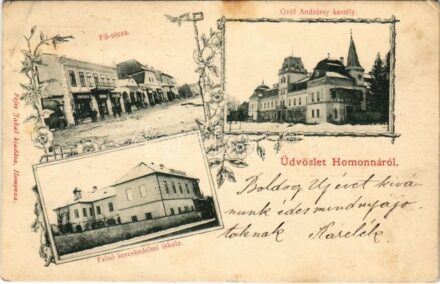 1902 Homonna, Homenau, Humenné; Fő utca, Felső kereskedelmi iskola, Gróf Andrássy kastély, tél, gyógyszertár, Friedmann Samu és Neuman Adolf üzlete. Fejes Jakab kiadása / main street, school, castle, winter, shops, pharmacy. Art
