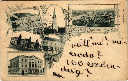 1899 (Vorläufer) Igló, Zipser Neudorf, Spisská Nová Ves; főgimnázium, városház, állami tanítóképezde, Városi torony. Csetényi Emil könyvkereskedése és saját kiadása / grammar school, town hall, teachers training institute, book