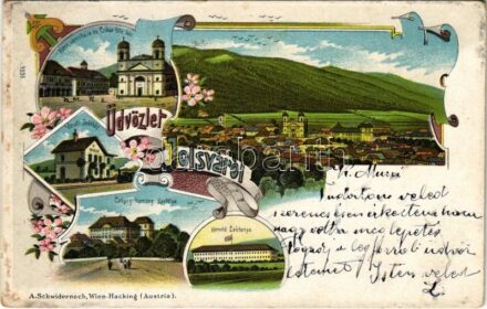 1906 Jolsva, Jelsava; Fő tér, Városháza, Czibur féle ház, Coburg herceg kastélya, vasútállomás, Honvéd laktanya / main square, town hall, castle, railway station, military barracks. A. Schwidernoch Art Nouveau, floral, litho (EB)