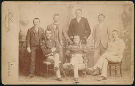 1893 Kassa, Fráter Loránd és Jenő, Szemere Kálmán és Béla, Berzeviczy Béla, Hammersberg Árpád, csoportkép, keményhátú fotó Podleszny műterméből, 10,5×16,5 cm
